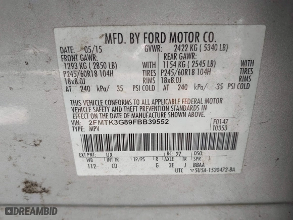 2015 Ford Edge SE with VIN 2FMTK3G89FBB39552, listed as a IAAI auction lot 41736001 with 275,587 mi miles. Bid and sale history available at carsss.com. Image 9.
