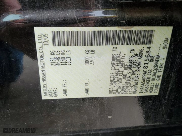 2010 Nissan Maxima 3.5 SV w/Sport Pkg with VIN 1N4AA5AP9AC815684, listed as a Copart auction lot 48065755 with 41,275 mi miles and Salvage Title. Bid and sale history available at carsss.com. Image 12.