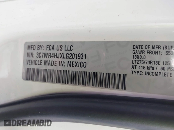 2020 Ram 2500 Tradesman with VIN 3C7WR4HJXLG201931, listed as a IAAI auction lot 41832892 with 86,215 mi miles. Bid and sale history available at carsss.com. Image 9.