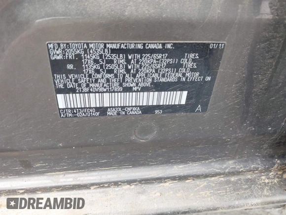 2011 Toyota RAV4 with VIN 2T3BF4DV9BW117899, listed as a IAAI auction lot 42009503 with 211,802 mi miles. Bid and sale history available at carsss.com. Image 9.
