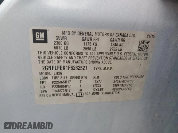 2015 Chevrolet Equinox LT with VIN 2GNFLFEK1F6262521, listed as a Copart auction lot 55793295 with 158,551 mi miles and Clean Title. Bid and sale history available at DreamBid. Image 13.
