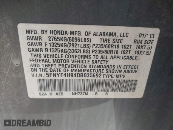 2013 Honda Pilot Touring with VIN 5FNYF4H94DB035692, listed as a IAAI auction lot 41771116 with 137,464 mi miles and . Bid and sale history available at carsss.com. Image 9.