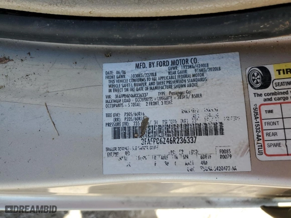 2006 Ford Fusion S with VIN 3FAFP06Z46R236337, listed as a Copart auction lot 46281995 with 256,784 mi miles and Salvage Title. Bid and sale history available at carsss.com. Image 15.