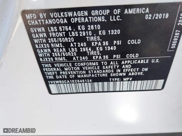 2019 Volkswagen Atlas 3.6L V6 SE w/Technology with VIN 1V2WR2CA1KC545124, listed as a IAAI auction lot 40659820 with 92,185 mi miles. Bid and sale history available at carsss.com. Image 9.
