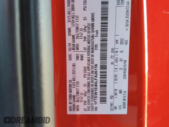 2020 Ford F-150 XL with VIN 1FTEW1E46LFA26156, listed as a Copart auction lot 87285034 with Not provided miles and Non repairable. Bid and sale history available at DreamBid. Image 15.
