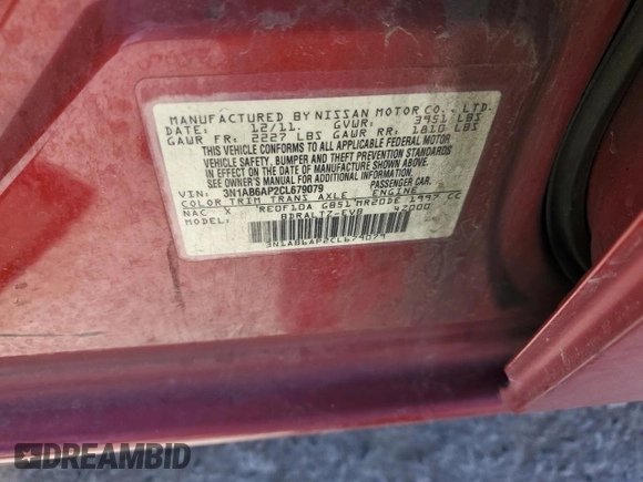 2012 Nissan Sentra S with VIN 3N1AB6AP2CL679079, listed as a Copart auction lot 62268005 with Not provided miles and Clean title. Bid and sale history available at DreamBid. Image 12.