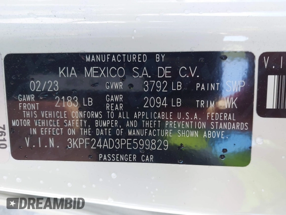 2023 Kia Forte LXS z VIN 3KPF24AD3PE599829, wystawiony jako IAAI lot #41740903 z przebiegiem 20 548 mil mil oraz . Historia ofert i sprzedaży dostępna na DreamBid. Obrazek 9.
