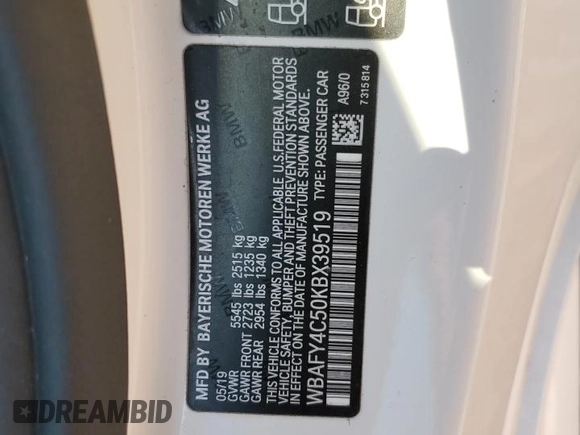 2019 BMW 8 Series M850i xDrive with VIN WBAFY4C50KBX39519, listed as a Copart auction lot 67675394 with 37,900 mi miles and Salvage title. Bid and sale history available at DreamBid. Image 12.