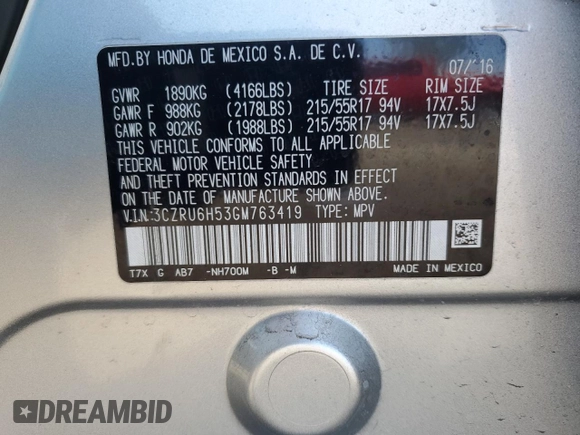 2016 Honda HR-V EX with VIN 3CZRU6H53GM763419, listed as a Copart auction lot 51083885 with 94,913 mi miles and Salvage Title. Bid and sale history available at DreamBid. Image 13.