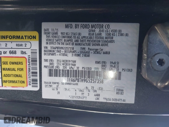 2016 Ford Mustang EcoBoost with VIN 1FA6P8TH9G5257358, listed as a IAAI auction lot 42315924 with Not provided miles and . Bid and sale history available at DreamBid. Image 9.