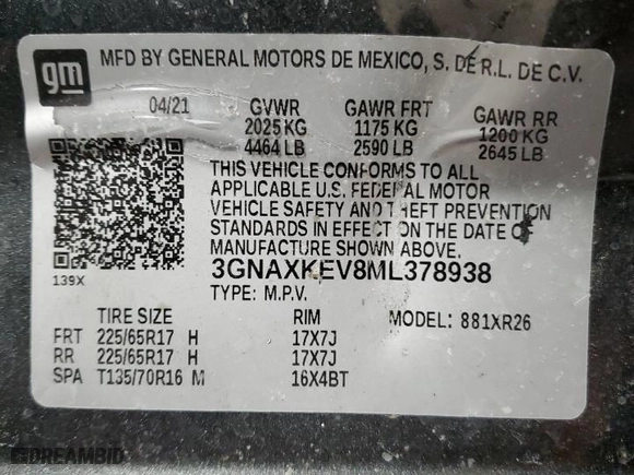 2021 Chevrolet Equinox LT with VIN 3GNAXKEV8ML378938, listed as a Copart auction lot 46408755 with 0 mi miles and Salvage Title. Bid and sale history available at carsss.com. Image 16.