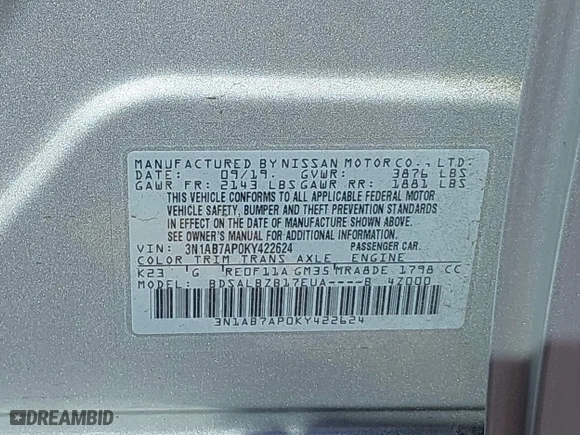 2019 Nissan Sentra S with VIN 3N1AB7AP0KY422624, listed as a IAAI auction lot 41772179 with 62,342 mi miles. Bid and sale history available at carsss.com. Image 9.