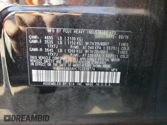 2016 Subaru Outback Premium with VIN 4S4BSAHC7G3318774, listed as a Copart auction lot 60247035 with 70,442 mi miles and Salvage title. Bid and sale history available at DreamBid. Image 13.