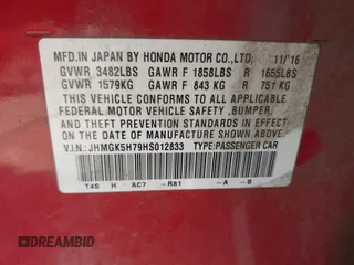 2017 Honda Fit EX with VIN JHMGK5H79HS012833, listed as a IAAI auction lot 42732250 with 133,684 mi miles and . Bid and sale history available at DreamBid. Image 9.