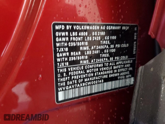 2012 Volkswagen Tiguan SE z VIN WVGAV7AX9CW002143, wystawiony jako Copart lot #55820395 z przebiegiem 174 356 mil mil oraz Czysty tytuł • Clean title. Historia ofert i sprzedaży dostępna na DreamBid. Obrazek 13.