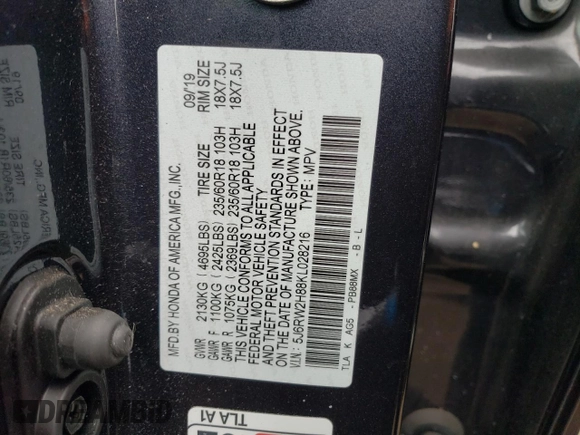 2019 Honda CR-V EX-L with VIN 5J6RW2H88KL028216, listed as a Copart auction lot 46214473 with 23,371 mi miles and . Bid and sale history available at DreamBid. Image 13.