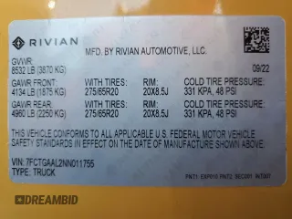 2022 Rivian R1T Launch Edition z VIN 7FCTGAAL2NN011755, wystawiony jako Copart lot #81940684 z przebiegiem Nie podano mil oraz Szkoda całkowita • Salvage title. Historia ofert i sprzedaży dostępna na DreamBid. Obrazek 13.
