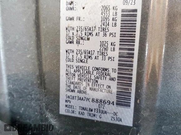 2023 Nissan Rogue S with VIN 5N1BT3AA7PC888694, listed as a Copart auction lot 58158105 with 56,480 mi miles and Non repairable. Bid and sale history available at DreamBid. Image 14.