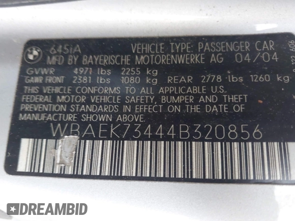 2004 BMW 6 Series 645Ci with VIN WBAEK73444B320856, listed as a IAAI auction lot 41718919 with 185,052 mi miles. Bid and sale history available at carsss.com. Image 9.