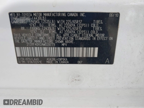 2010 Toyota RAV4 Limited with VIN 2T3YF4DV2AW039779, listed as a IAAI auction lot 41464460 with 180,263 mi miles and . Bid and sale history available at DreamBid. Image 9.