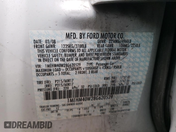 2008 Mercury Sable z VIN 1MEHM40W28G620529, wystawiony jako Copart lot #46482975 z przebiegiem 156 112 mil mil oraz Szkoda całkowita • Salvage title. Historia ofert i sprzedaży dostępna na DreamBid. Obrazek 14.