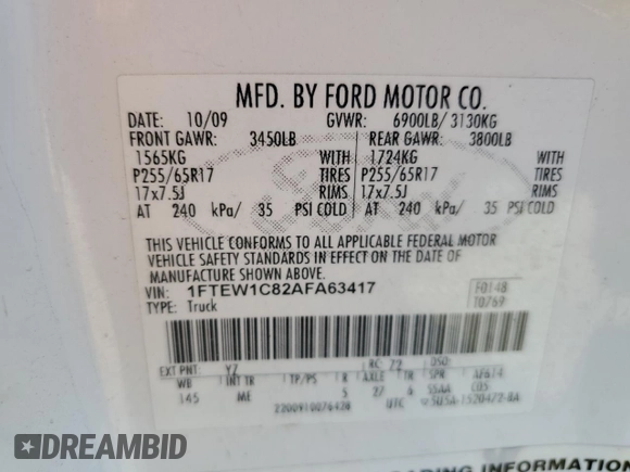 2010 Ford F-150 XL with VIN 1FTEW1C82AFA63417, listed as a Copart auction lot 62702535 with 254,474 mi miles and Clean title. Bid and sale history available at DreamBid. Image 12.