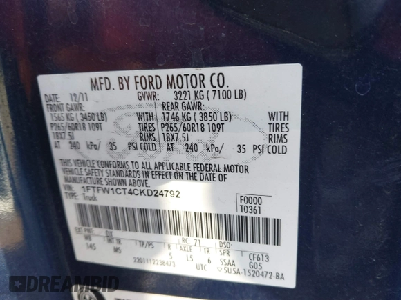2012 Ford F-150 XL with VIN 1FTFW1CT4CKD24792, listed as a IAAI auction lot 41748045 with 185,971 mi miles. Bid and sale history available at carsss.com. Image 9.
