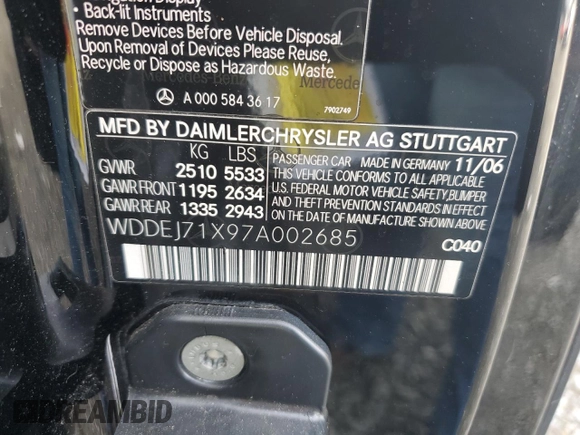 2007 Mercedes-Benz CL 550 с VIN WDDEJ71X97A002685, выставлен на аукционе Copart как лот 83600894 с пробегом 69 125 миль миль и Чистый • Clean title. История ставок и продаж доступна на DreamBid. Изображение 12.