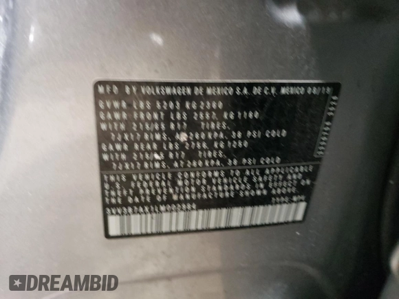 2020 Volkswagen Tiguan SE with VIN 3VV3B7AX1LM002984, listed as a Copart auction lot 52350555 with 94,365 mi miles and Salvage Title. Bid and sale history available at DreamBid. Image 12.