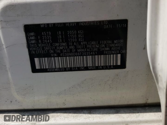 2015 Subaru Legacy Premium with VIN 4S3BNBD66F3035461, listed as a Copart auction lot 59046765 with 178,833 mi miles and Salvage title. Bid and sale history available at DreamBid. Image 12.