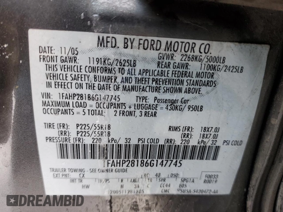 2006 Ford Five Hundred Limited with VIN 1FAHP28186G147745, listed as a Copart auction lot 45266165 with 0 mi miles and Clean Title. Bid and sale history available at carsss.com. Image 12.