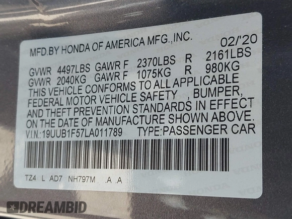 2020 Acura TLX w/Technology Pkg with VIN 19UUB1F57LA011789, listed as a IAAI auction lot 41760374 with 47,442 mi miles. Bid and sale history available at carsss.com. Image 9.