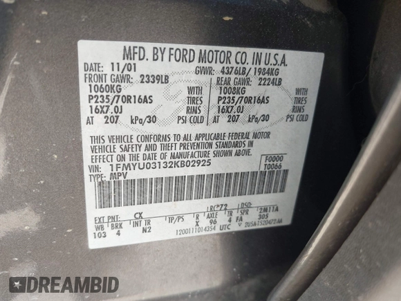 2002 Ford Escape XLT Choice с VIN 1FMYU03132KB02925, выставлен на аукционе IAAI как лот 42686731 с пробегом 171 171 миль миль и . История ставок и продаж доступна на DreamBid. Изображение 9.