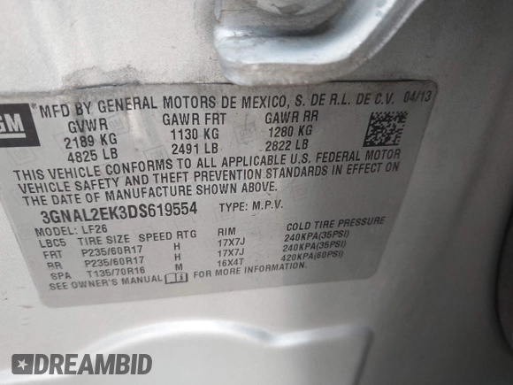 2013 Chevrolet Captiva Sport LS with VIN 3GNAL2EK3DS619554, listed as a IAAI auction lot 42259633 with 122,751 mi miles and . Bid and sale history available at DreamBid. Image 9.