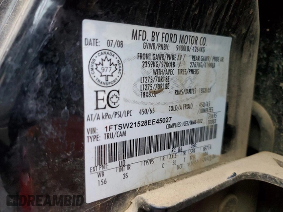 2008 Ford F-250 XL with VIN 1FTSW21528EE45027, listed as a Copart auction lot 43811735 with 157,896 mi miles and Salvage title. Bid and sale history available at DreamBid. Image 12.
