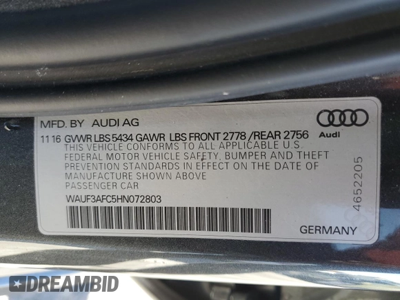 2017 Audi A6 Competition Prestige with VIN WAUF3AFC5HN072803, listed as a Copart auction lot 65395272 with 50,957 mi miles. Bid and sale history available at carsss.com. Image 10.