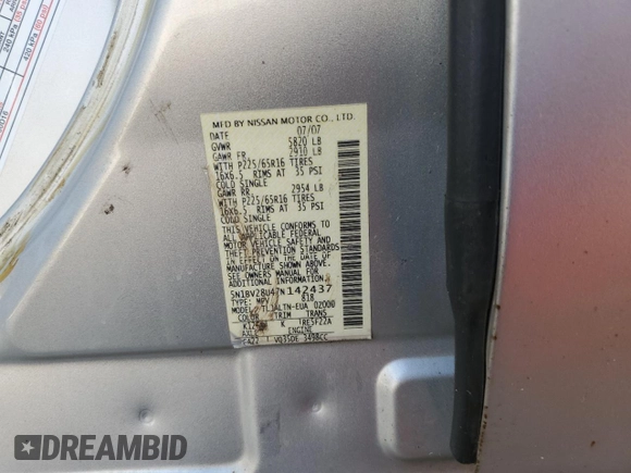2007 Nissan Quest S with VIN 5N1BV28U47N142437, listed as a Copart auction lot 72084154 with 114,460 mi miles and Non Repairable. Bid and sale history available at carsss.com. Image 15.