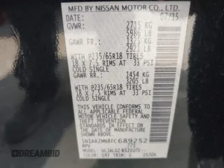 2015 Nissan Pathfinder SV with VIN 5N1AR2MN8FC689252, listed as a IAAI auction lot 42409596 with 165,825 mi miles and . Bid and sale history available at DreamBid. Image 9.