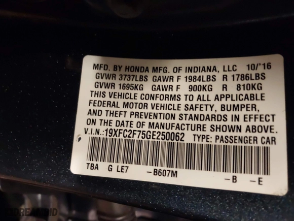2016 Honda Civic Sedan EX with VIN 19XFC2F75GE250062, listed as a IAAI auction lot 41571552 with 82,992 mi miles. Bid and sale history available at carsss.com. Image 9.