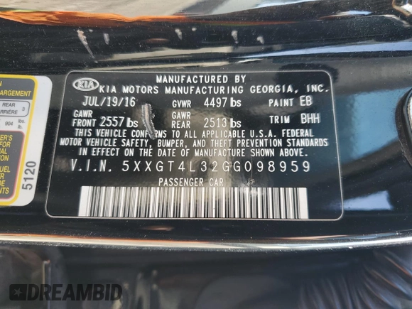 2016 Kia Optima LX z VIN 5XXGT4L32GG098959, wystawiony jako Copart lot #48753005 z przebiegiem 58 026 mil mil oraz Nie do naprawy • Non repairable. Historia ofert i sprzedaży dostępna na DreamBid. Obrazek 12.