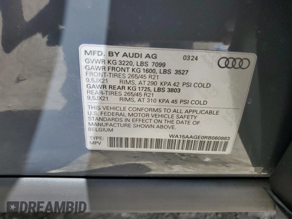 2024 Audi Q8 e-tron Premium Plus z VIN WA15AAGE0RB060883, wystawiony jako Copart lot #69075094 z przebiegiem 1 583 mil mil oraz Szkoda całkowita • Salvage title. Historia ofert i sprzedaży dostępna na DreamBid. Obrazek 13.
