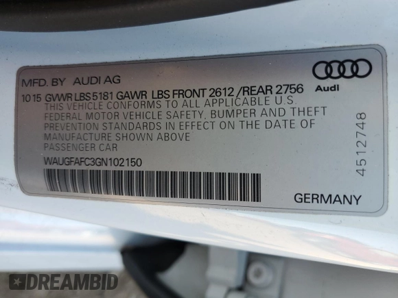 2016 Audi A6 2.0T Premium Plus with VIN WAUGFAFC3GN102150, listed as a Copart auction lot 71996622 with 88,086 mi miles. Bid and sale history available at carsss.com. Image 12.