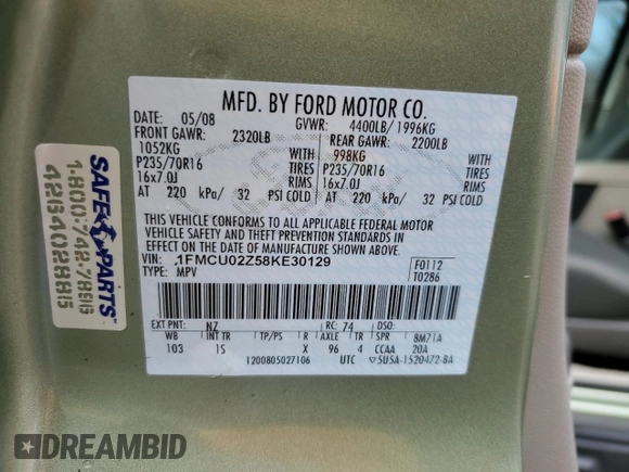 2008 Ford Escape XLS с VIN 1FMCU02Z58KE30129, выставлен на аукционе Copart как лот 48611765 с пробегом 97 014 миль миль и Списание • Salvage title. История ставок и продаж доступна на DreamBid. Изображение 15.