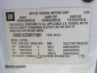2003 GMC Yukon SLT with VIN 1GKEC13Z33R171861, listed as a IAAI auction lot 41739226 with 230,139 mi miles. Bid and sale history available at carsss.com. Image 9.