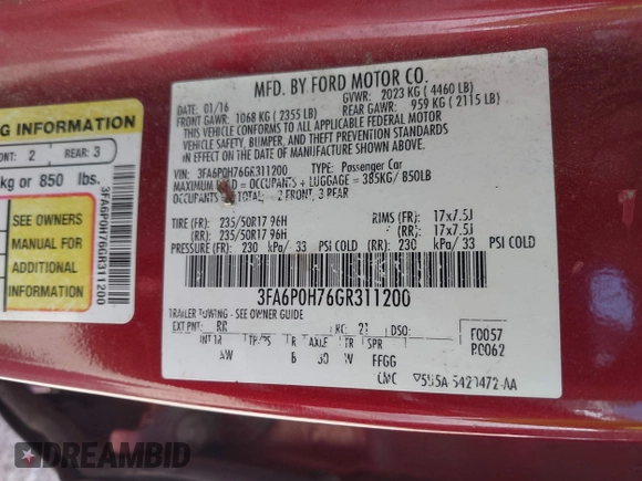 2016 Ford Fusion SE with VIN 3FA6P0H76GR311200, listed as a IAAI auction lot 42161119 with 245,066 mi miles and . Bid and sale history available at DreamBid. Image 9.