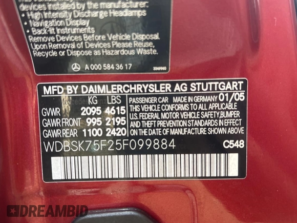2005 Mercedes-Benz SL 500 with VIN WDBSK75F25F099884, listed as a Copart auction lot 55681775 with 74,756 mi miles and Clean Title. Bid and sale history available at DreamBid. Image 10.