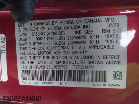 2020 Honda CR-V Touring with VIN 2HKRW2H96LH659793, listed as a IAAI auction lot 41145758 with 113,344 mi miles and . Bid and sale history available at DreamBid. Image 9.