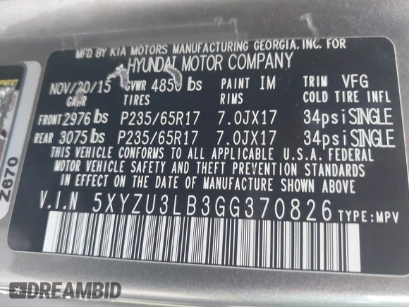2016 Hyundai Santa Fe z VIN 5XYZU3LB3GG370826, wystawiony jako IAAI lot #42325158 z przebiegiem 146 916 mil mil oraz . Historia ofert i sprzedaży dostępna na DreamBid. Obrazek 9.