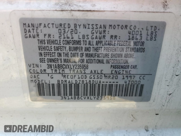 2020 Nissan Sentra SV with VIN 3N1AB8CVXLY235958, listed as a Copart auction lot 54628485 with 12,086 mi miles and Clean Title. Bid and sale history available at DreamBid. Image 13.
