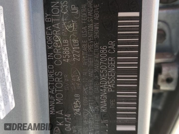 2014 Kia Optima EX with VIN KNAGN4ADXE5070086, listed as a Copart auction lot 61226415 with 148,603 mi miles and Salvage title. Bid and sale history available at DreamBid. Image 12.